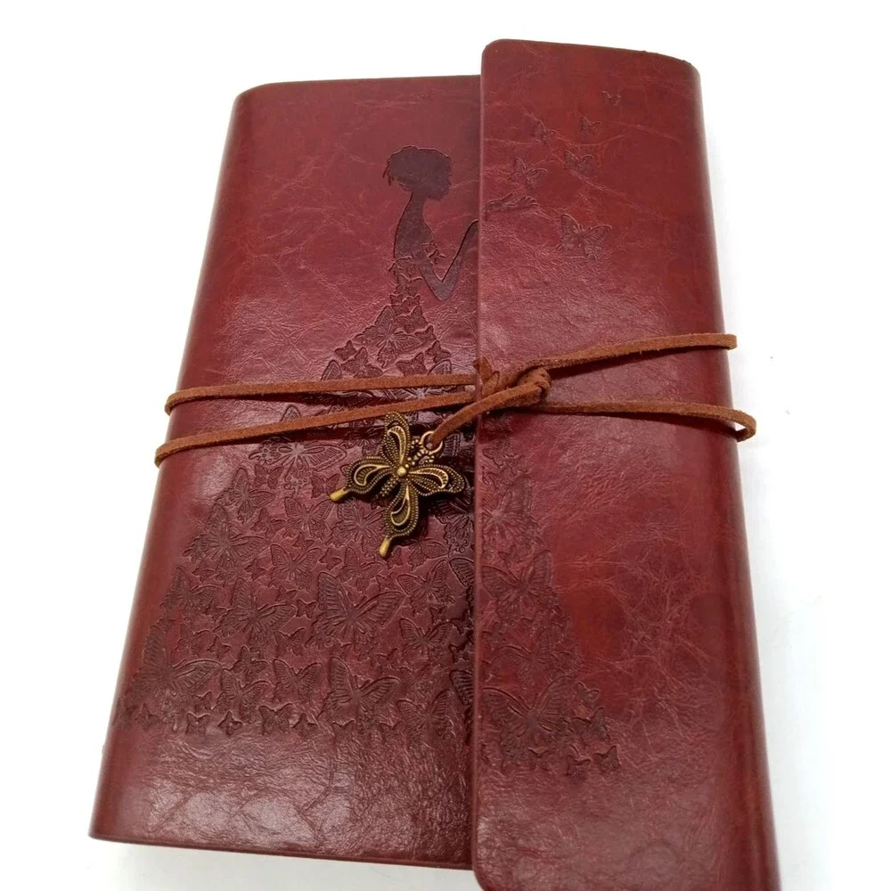 Vtg Burgundy PU Leather Embossed Girl/Butterfly Dress Refillable Journal  NWOT